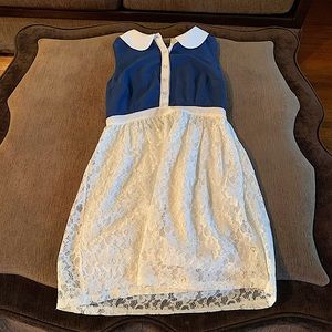 Navy Blue and White Lace Midi Dress